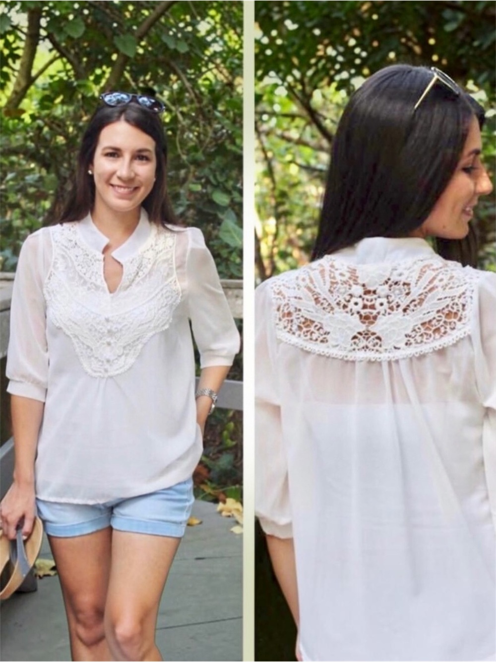 Sheer White Blouse With Lace Detail Size S Button Accents Cool & Lightweight Top